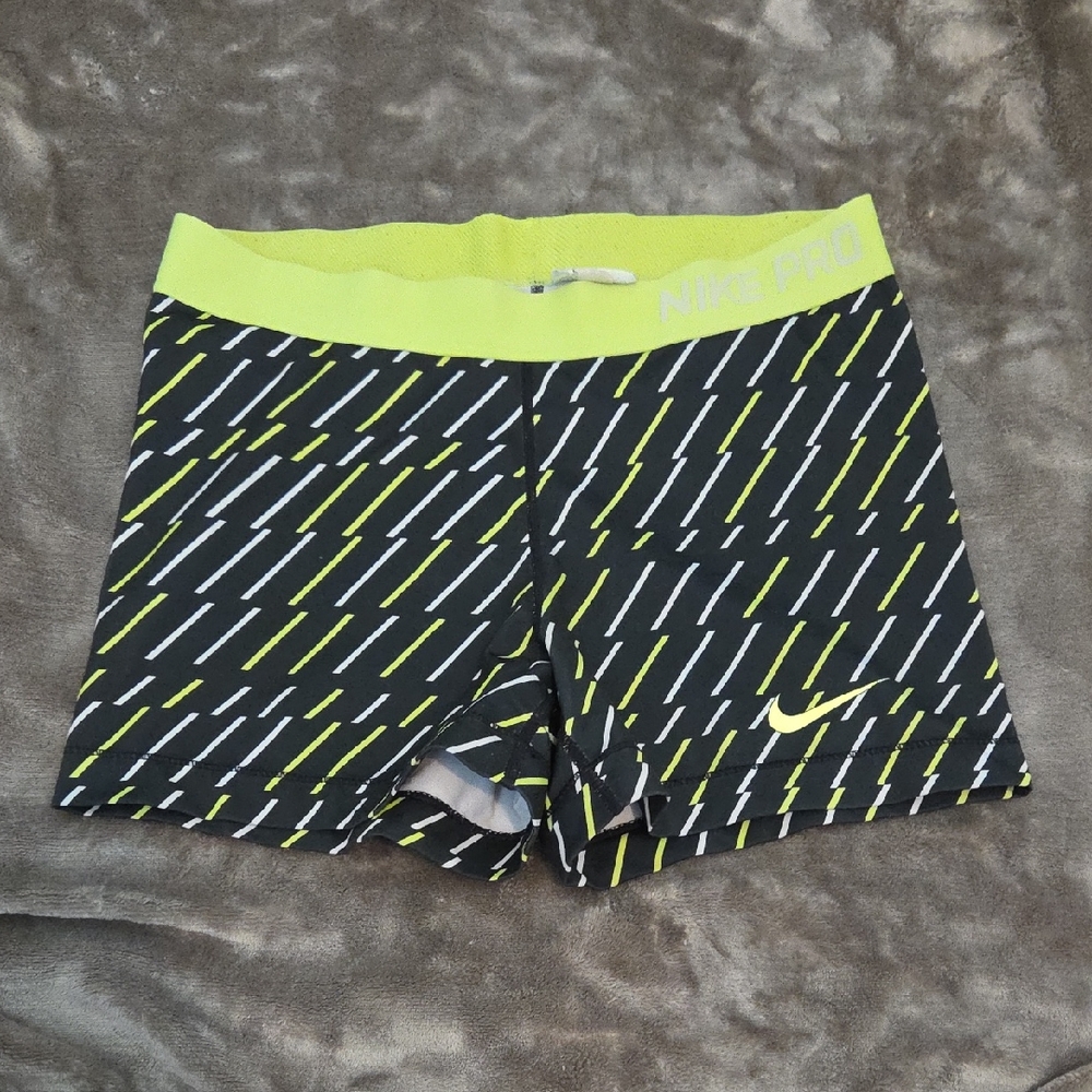 Nike Pro Black and Lime Green Patterned Shorts